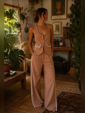 Two Piece Mon Renn Lisle Pant Set In Biscuit